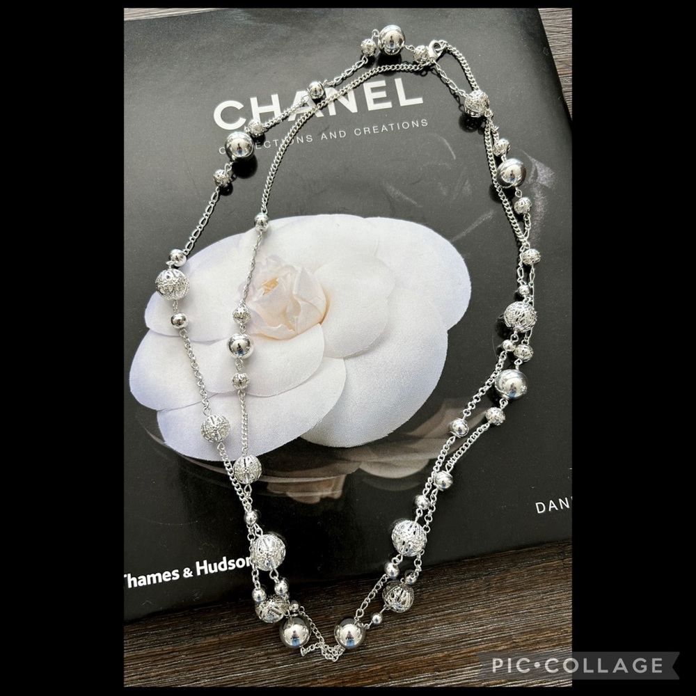 58” Silver Fashion Necklace with Beaded Stations